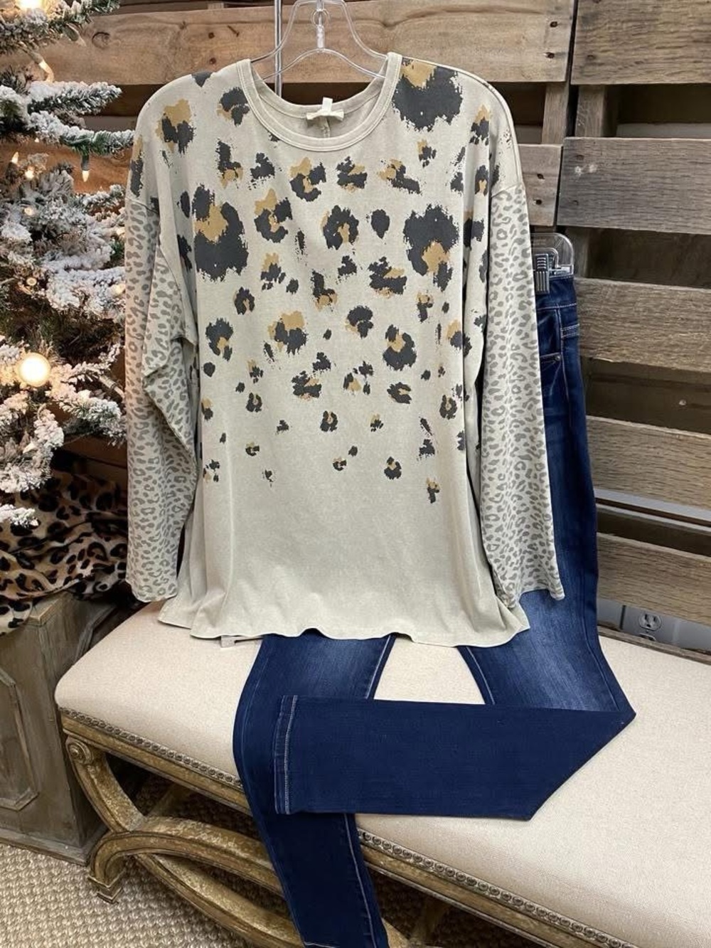 easel Beige and Charcoal Leopard Print Long Sleeve Top